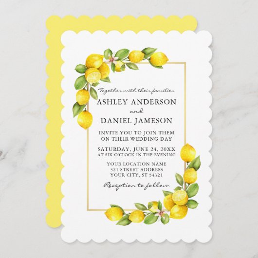Invitation Aquarelle Citrons Vert Jaune Mariage (Devant / Derrière)