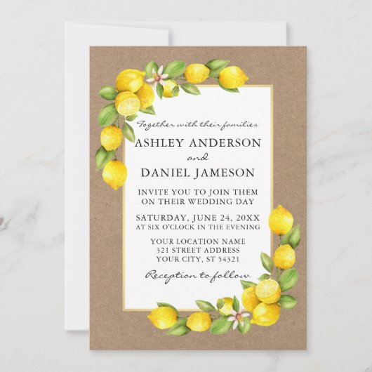 Invitation Aquarelle Citrons Vert Kraft Mariage (Devant)