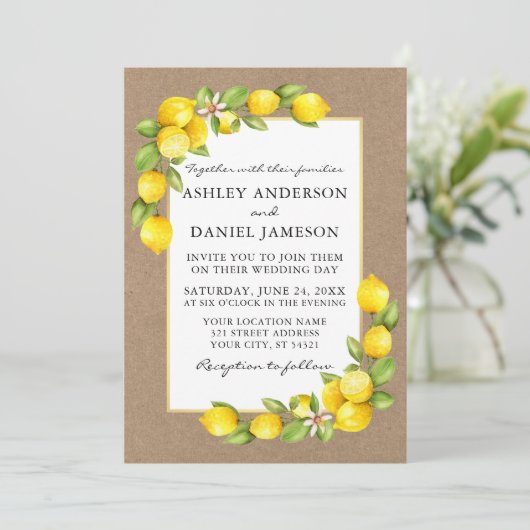 Invitation Aquarelle Citrons Vert Kraft Mariage (Debout devant)