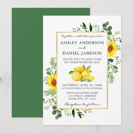 Invitation Aquarelle Citrons Vert Mariage de tournesols (Devant / Derrière)