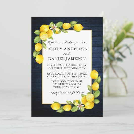 Invitation Aquarelle Citrons Vert Mariage en bois bleu (Debout devant)