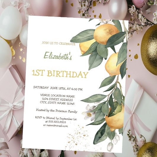 Invitation Aquarelle Citrons Vert Plaid Anniversaire