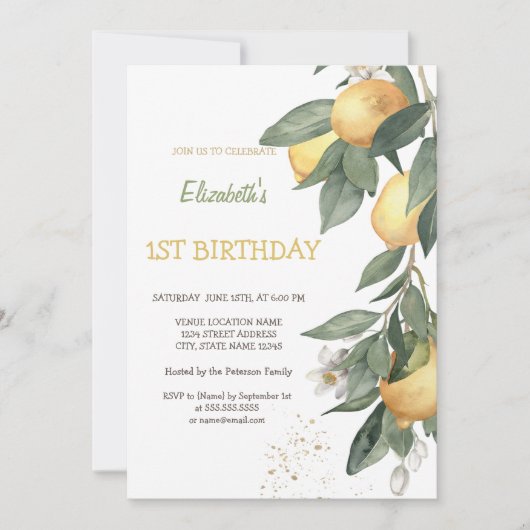 Invitation Aquarelle Citrons Vert Plaid Anniversaire (Devant)