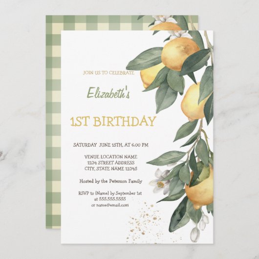 Invitation Aquarelle Citrons Vert Plaid Anniversaire (Devant / Derrière)
