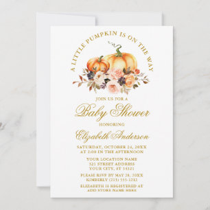 Invitation Aquarelle Citrouille Automne Baby shower Floral Or