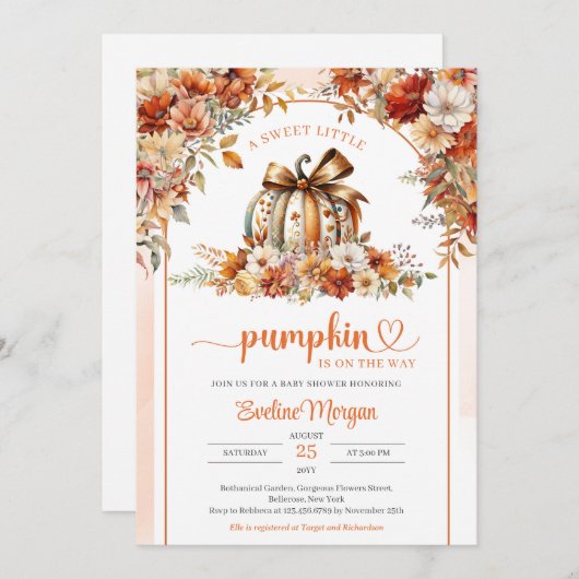Invitation Aquarelle citrouille avec coquette arc floral arc (Devant / Derrière)