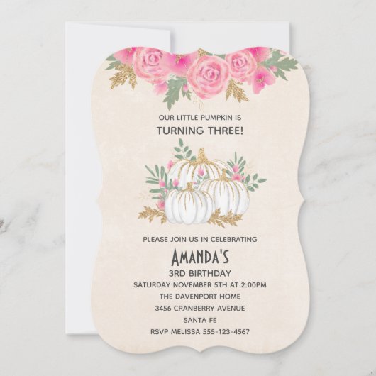 Invitation Aquarelle Citrouille blanche et or Anniversaire (Devant)