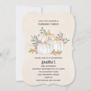 Invitation Aquarelle Citrouille blanche et or Anniversaire