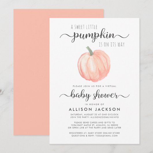Invitation Aquarelle Citrouille orange Baby shower virtuel (Devant / Derrière)