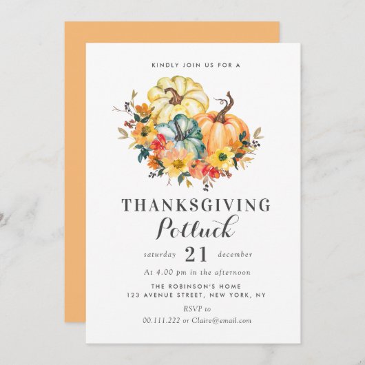 Invitation aquarelle citrouille thansgiving potluck (Devant / Derrière)