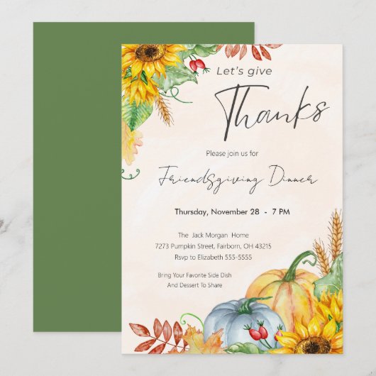 Invitation Aquarelle Citrouille tournesol Friendsgiving Dîner (Devant / Derrière)