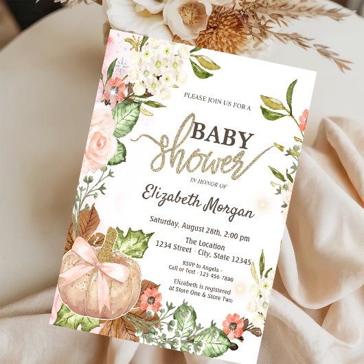 Invitation Aquarelle Citrouilles Fleurs Feuilles Baby shower 