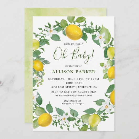 Invitation Aquarelle Citrus Citron Baby shower à thème (Devant / Derrière)