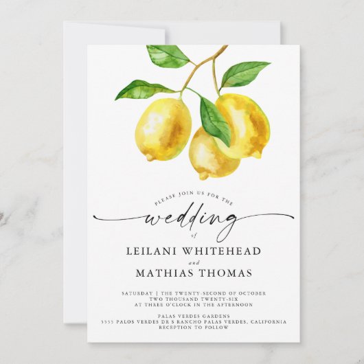 Invitation Aquarelle Citrus citron QR Code Mariage (Devant)