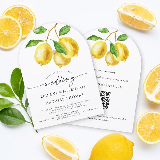 Invitation Aquarelle Citrus citron QR Code Mariage