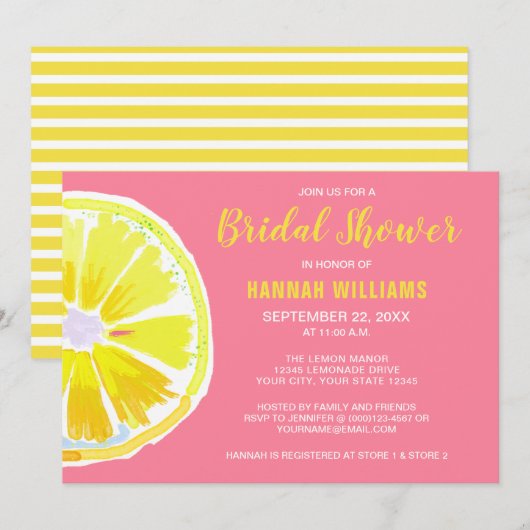Invitation Aquarelle Citrus Lemon Fête des mariées rose Invit (Devant / Derrière)