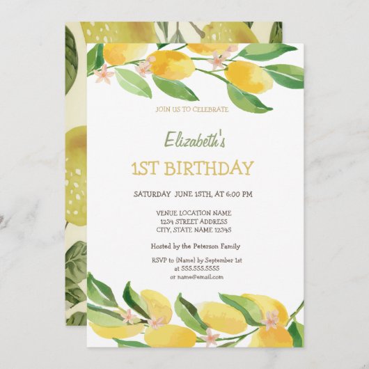 Invitation Aquarelle Citrus Lemons Fleurs Anniversaire (Devant / Derrière)