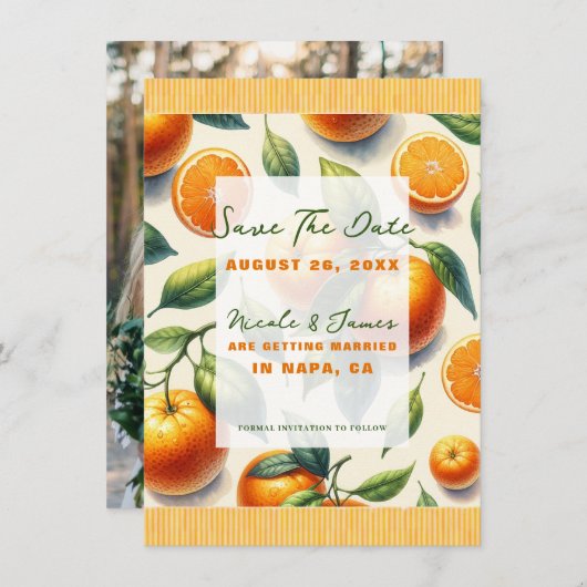 Invitation Aquarelle Citrus Orange Feuilles Enregistrer la da (Devant / Derrière)