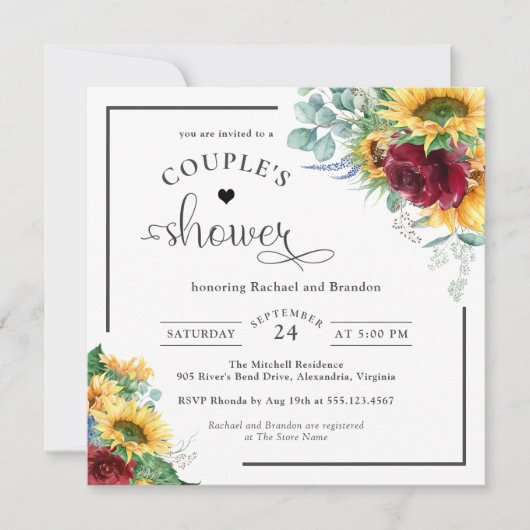 Invitation Aquarelle claire Sunflower Couple's Douche (Devant)