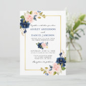 Invitation Aquarelle Classic Bleu rose Floral Mariage or (Debout devant)