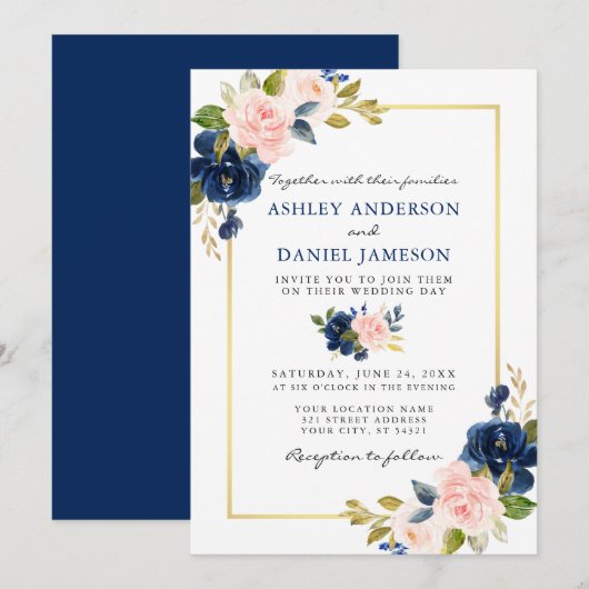 Invitation Aquarelle Classic Bleu rose Floral Mariage or (Devant / Derrière)