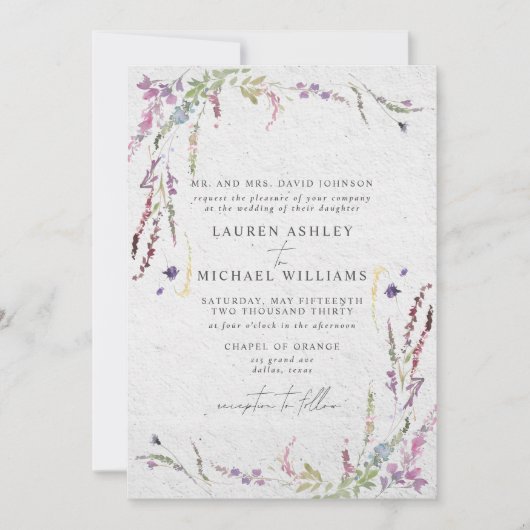 Invitation Aquarelle classique élégante Fleur sauvage (Devant)