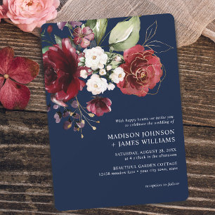 Invitation Aquarelle classique en or bordeaux Mariage floral