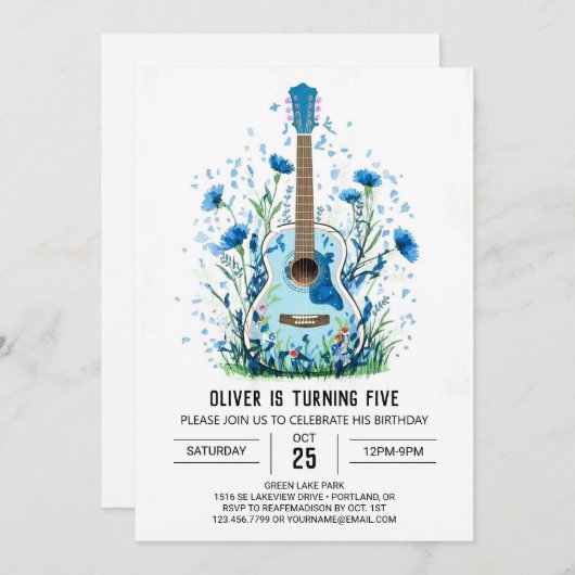 Invitation Aquarelle classique Guitare garçon Anniversaire (Devant / Derrière)