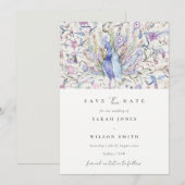Invitation Aquarelle Classique Peacock Floral Enregistrer La  (Devant / Derrière)