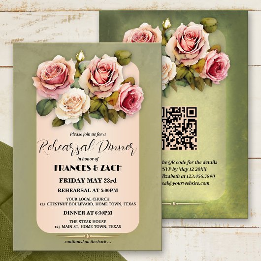 Invitation Aquarelle classique Rose QR Code Dîner de répétiti