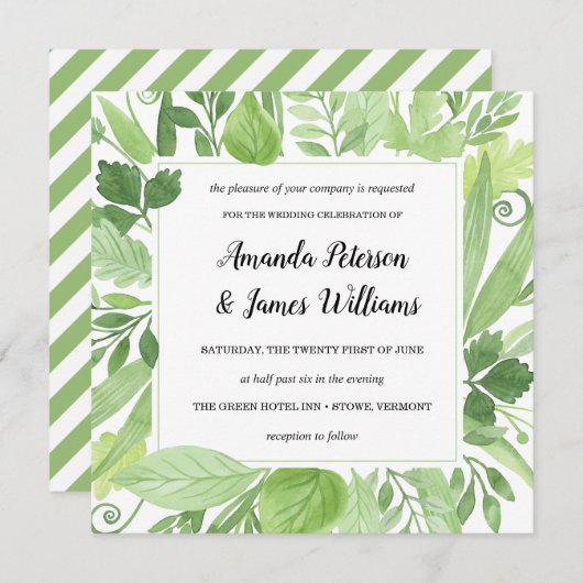Invitation Aquarelle classique vert pâle Mariage (Devant / Derrière)