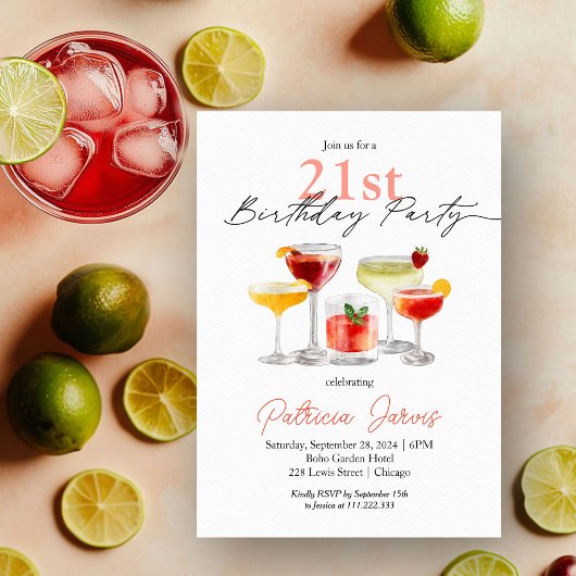 Invitation Aquarelle Cocktail 21e fête d'anniversaire