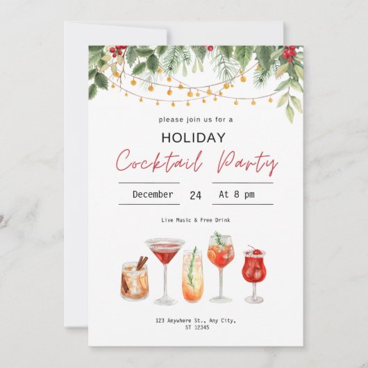Invitation Aquarelle Cocktail de Noël Boissons de Noël (Devant)