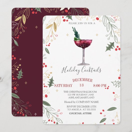 Invitation Aquarelle Cocktail Holly Company Noël (Devant / Derrière)