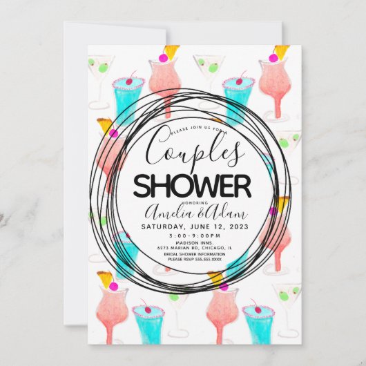 Invitation Aquarelle Cocktail Motif Couples Douche (Devant)