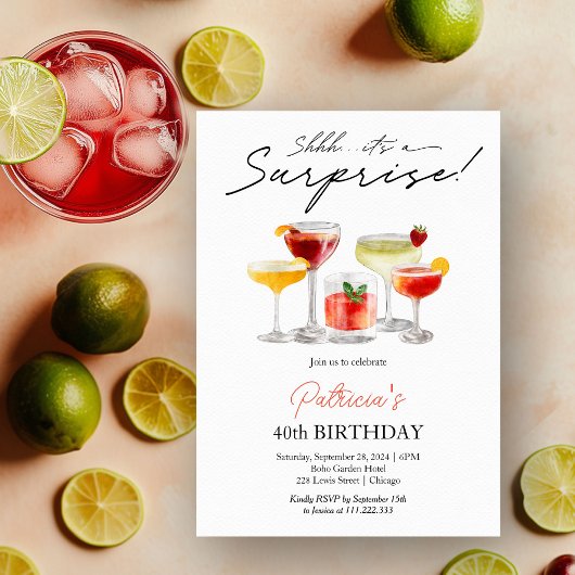 Invitation Aquarelle Cocktail Surprise 40e anniversaire