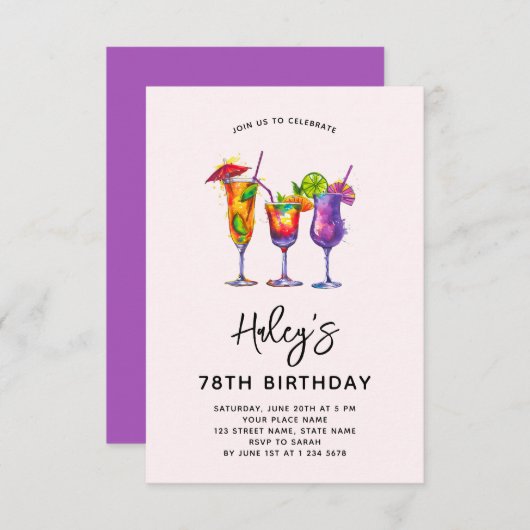 Invitation Aquarelle Cocktails 78e fête d'anniversaire (Devant / Derrière)