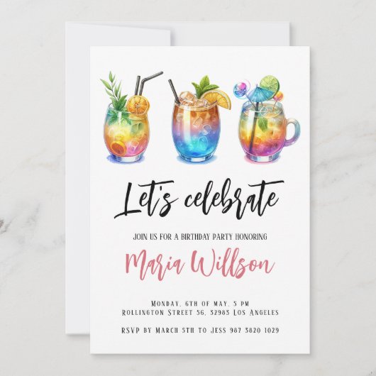 Invitation Aquarelle Cocktails d'été fête d'anniversaire (Devant)
