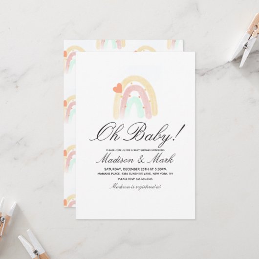 Invitation Aquarelle Coeur Rainbow Stroke Baby shower (Devant/Arrière en situation)