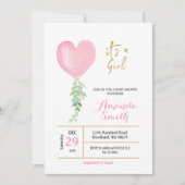 Invitation Aquarelle Coeur rose Baby shower Fille de ballon (Devant)