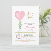 Invitation Aquarelle Coeur rose Baby shower Fille de ballon (Debout devant)