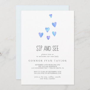 Invitation Aquarelle Coeurs bébé garçon Sip et voir l'invitat