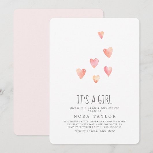 Invitation Aquarelle Coeurs C'est un Baby shower fille (Devant / Derrière)