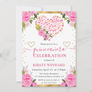 Invitation Aquarelle Cœurs Fleurs Or Rose Quinceanera