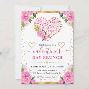 Invitation Aquarelle cœurs fleurs roses et or Saint-Valentin
