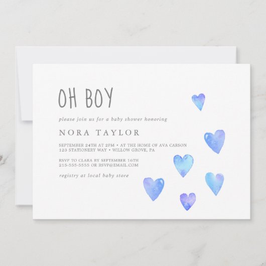 Invitation Aquarelle Coeurs garçon Horizontal Oh Baby shower (Devant)