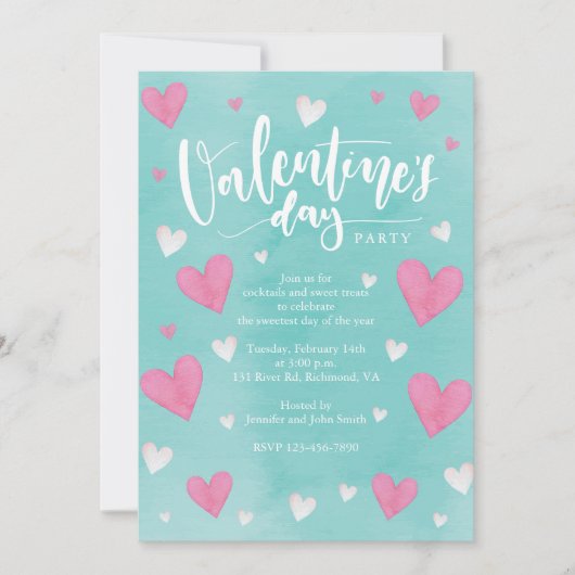 Invitation Aquarelle Coeurs Valentines Fête (Devant)