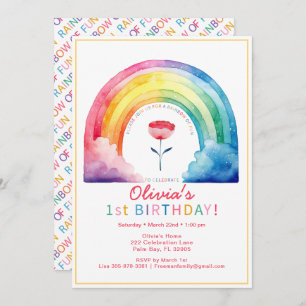 Invitation Aquarelle colorée Arc-en-ciel 1er fête d'anniversa