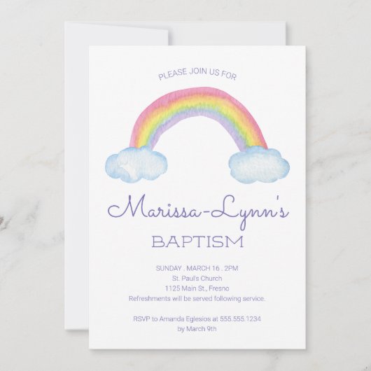 Invitation Aquarelle colorée Baptême arc-en-ciel ou baptême (Devant)