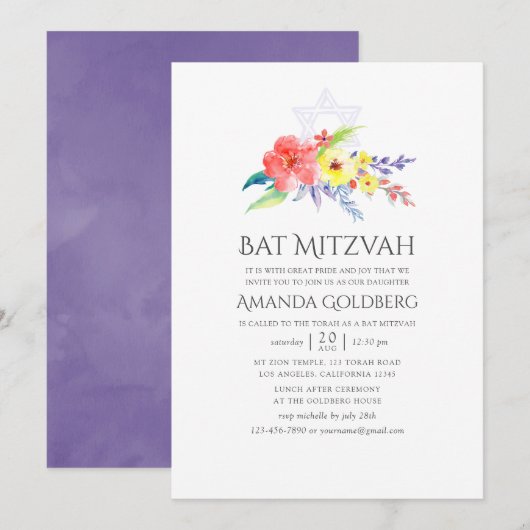 Invitation Aquarelle colorée Bat mitzvah floral (Devant / Derrière)